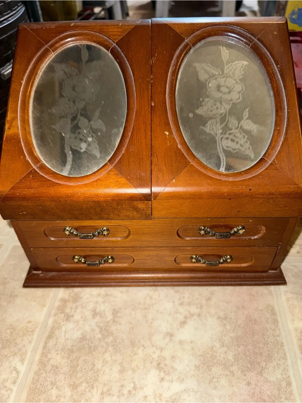Wood-Finish Jewelry Organizer with Etched Glass Panels - Brown